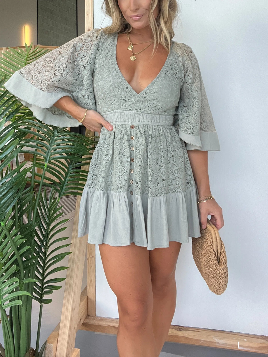 Lace Overlay Wrap V-Neck Smocked Waist Button Front Mini Romper