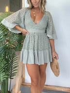 Lace Overlay Wrap V-Neck Smocked Waist Button Front Mini Romper