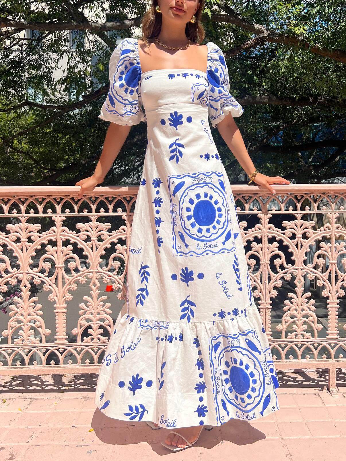 Mediterranean Tile Print Square Neck Puff Sleeve Tiered Maxi Dress