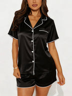 Satin Solid Color Trim Short Sleeves And Shorts Two-piece Loungewear Set