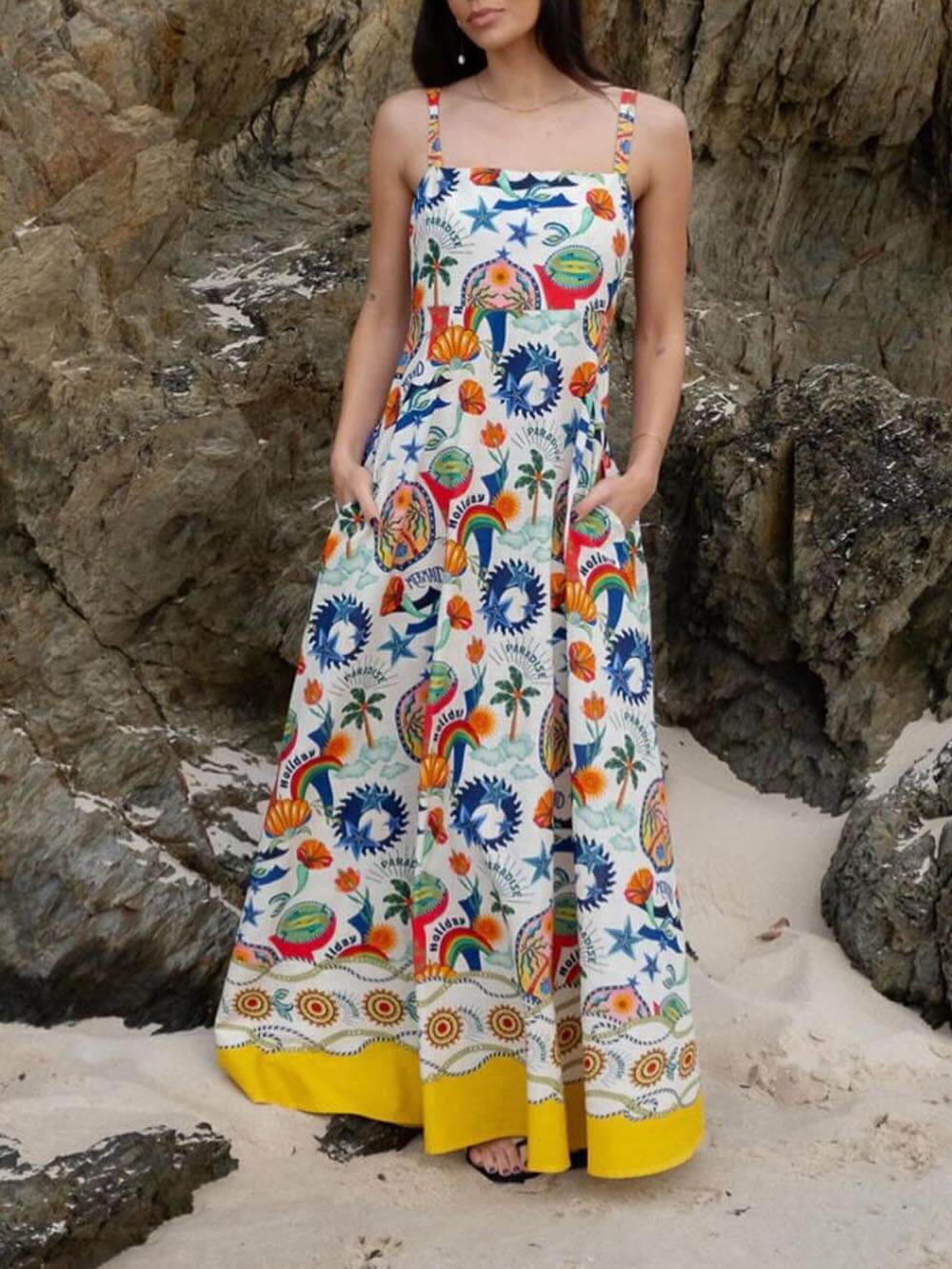 Tropical Graphic Print Square Neck Pocket Maxi Dress