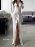 Deep V-Neck Long Sleeve Twist Waist Ruched High Split Maxi Dress