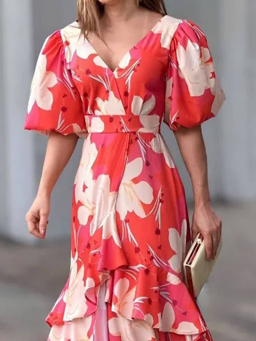 Oversized Floral Print Wrap Deep V-Neck Puff Sleeve Tiered High Low Maxi Dress