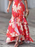 Oversized Floral Print Wrap Deep V-Neck Puff Sleeve Tiered High Low Maxi Dress