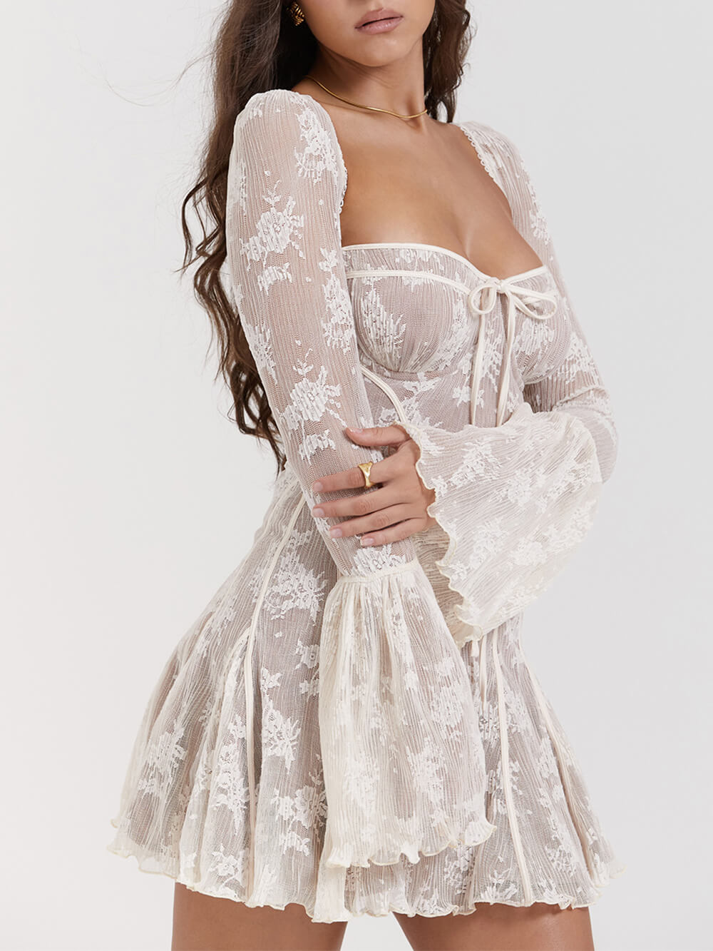 Floral Lace Square Neck Tie Front Bell Sleeve Corset Bodice Mini Dress