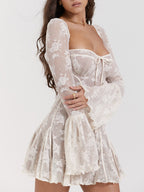 Floral Lace Square Neck Tie Front Bell Sleeve Corset Bodice Mini Dress