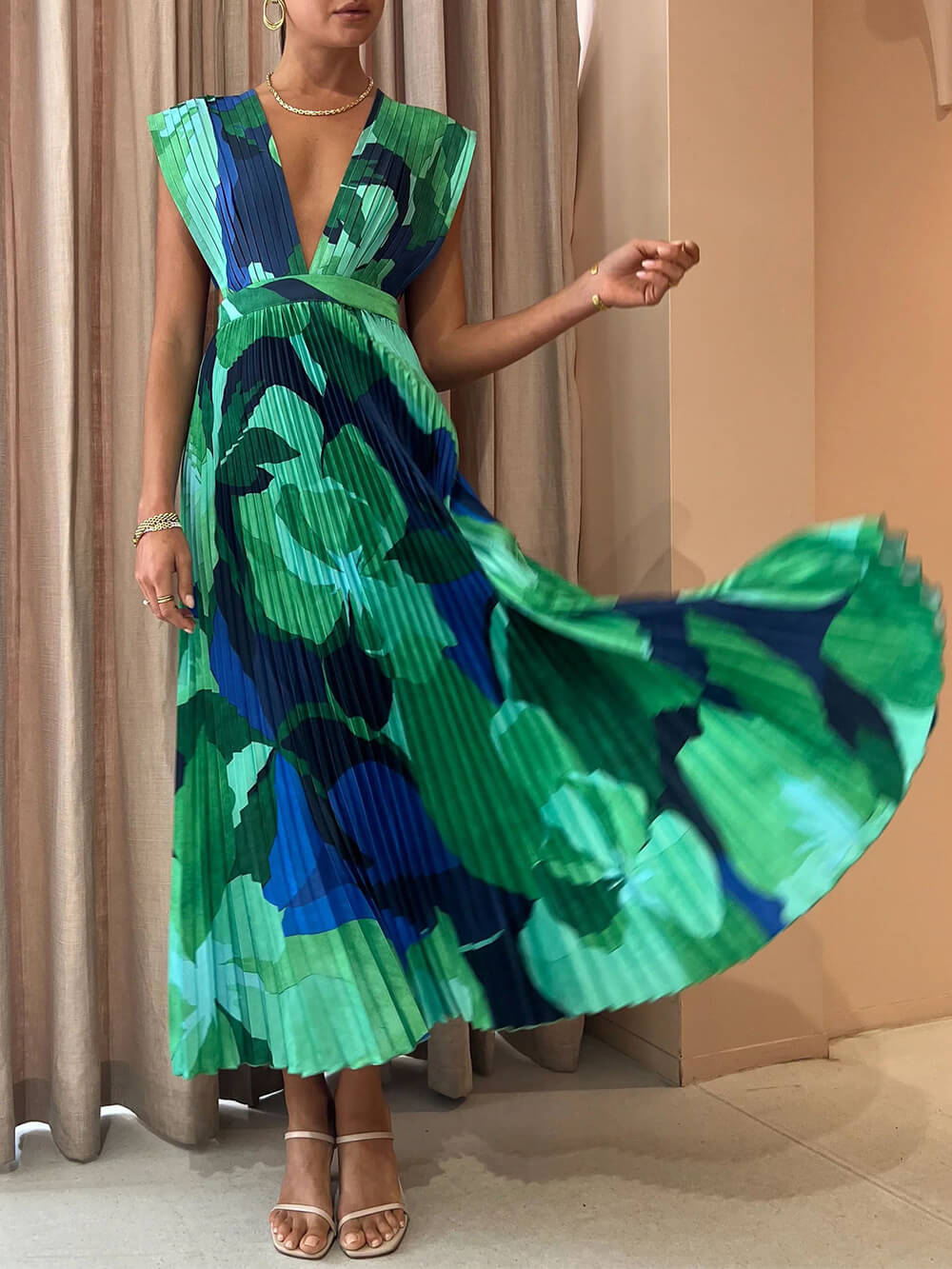 Pleated Abstract Floral Print Deep V-Neck Cap Sleeve Midi Dress