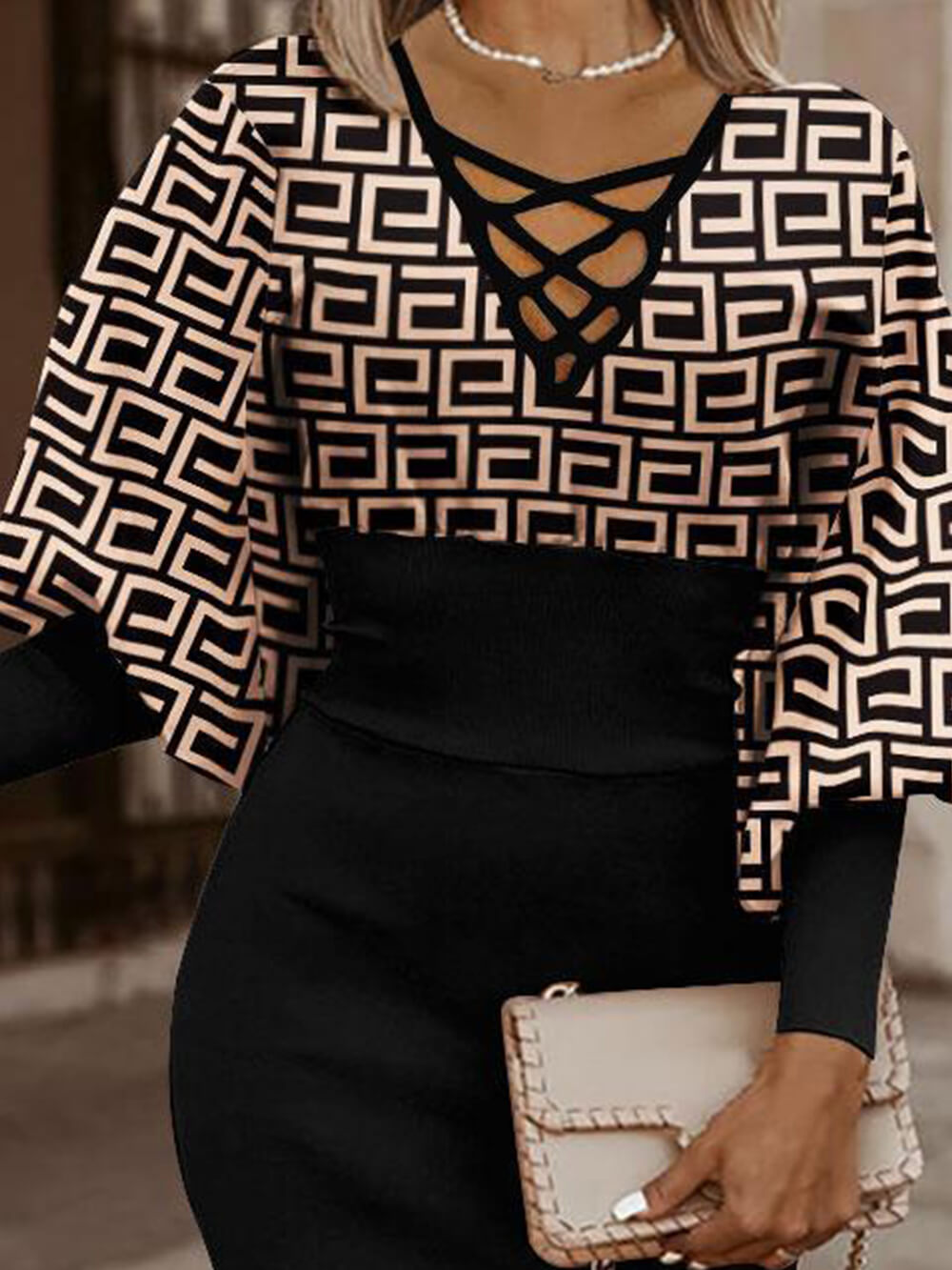 Geometric Print Criss Cross Lace Up Butterfly Sleeve Pencil Midi Dress