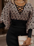 Geometric Print Criss Cross Lace Up Butterfly Sleeve Pencil Midi Dress