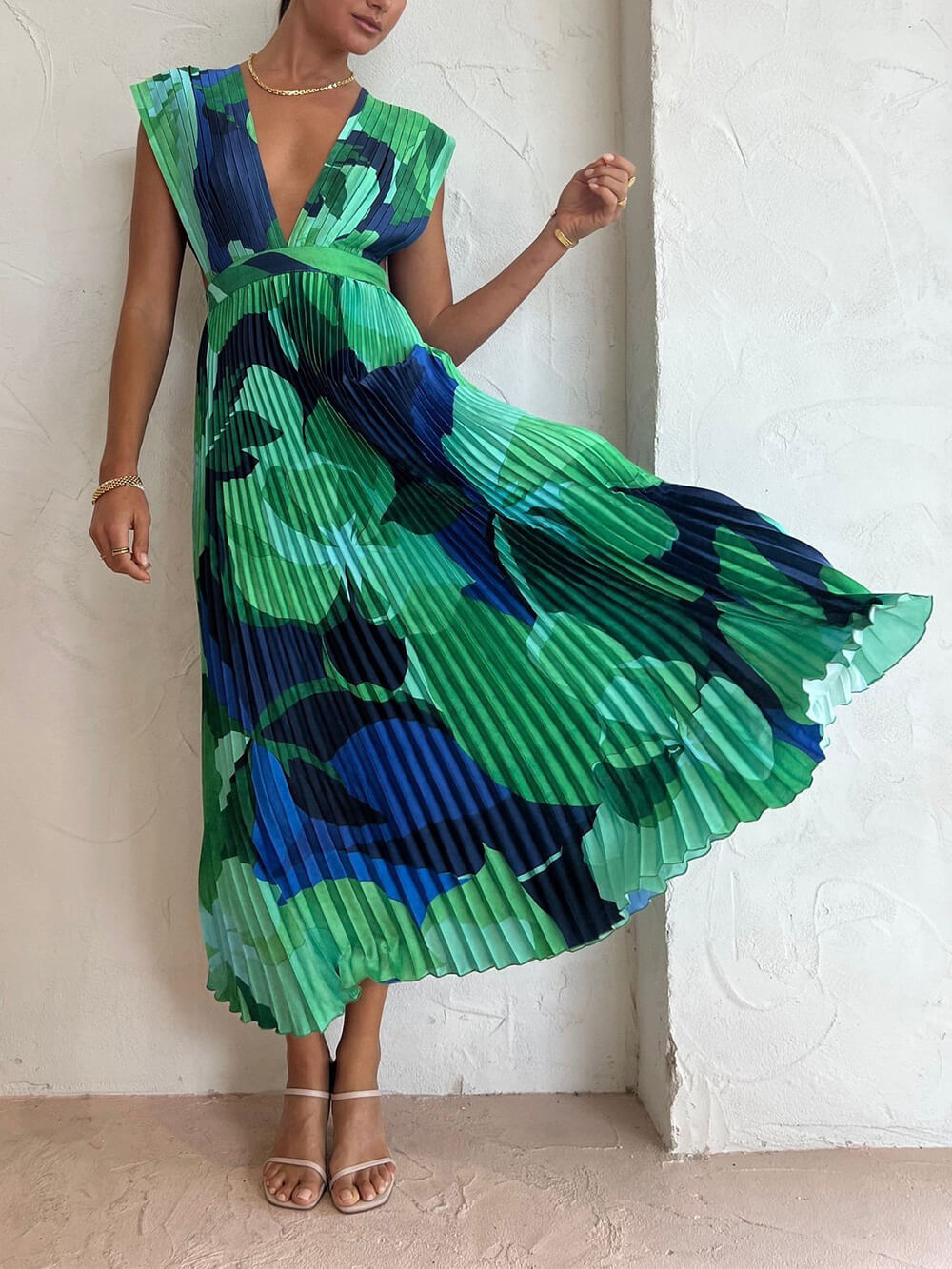Pleated Abstract Floral Print Deep V-Neck Cap Sleeve Midi Dress
