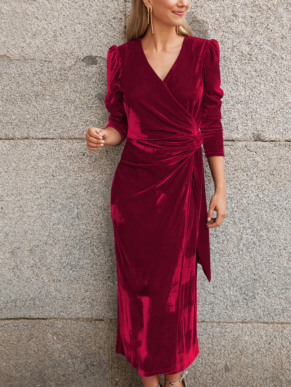 Deep V-Neck Wrap Front Puff Shoulder Side Knot Waist Velvet Midi Dress