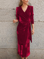Deep V-Neck Wrap Front Puff Shoulder Side Knot Waist Velvet Midi Dress