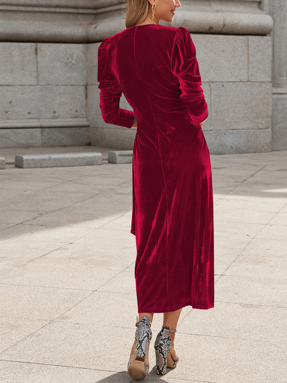 Deep V-Neck Wrap Front Puff Shoulder Side Knot Waist Velvet Midi Dress