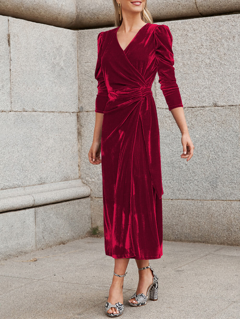 Deep V-Neck Wrap Front Puff Shoulder Side Knot Waist Velvet Midi Dress