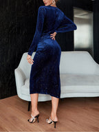 Glitter Velvet Deep V-Neck Long Sleeve Ruched Side Slit Midi Dress