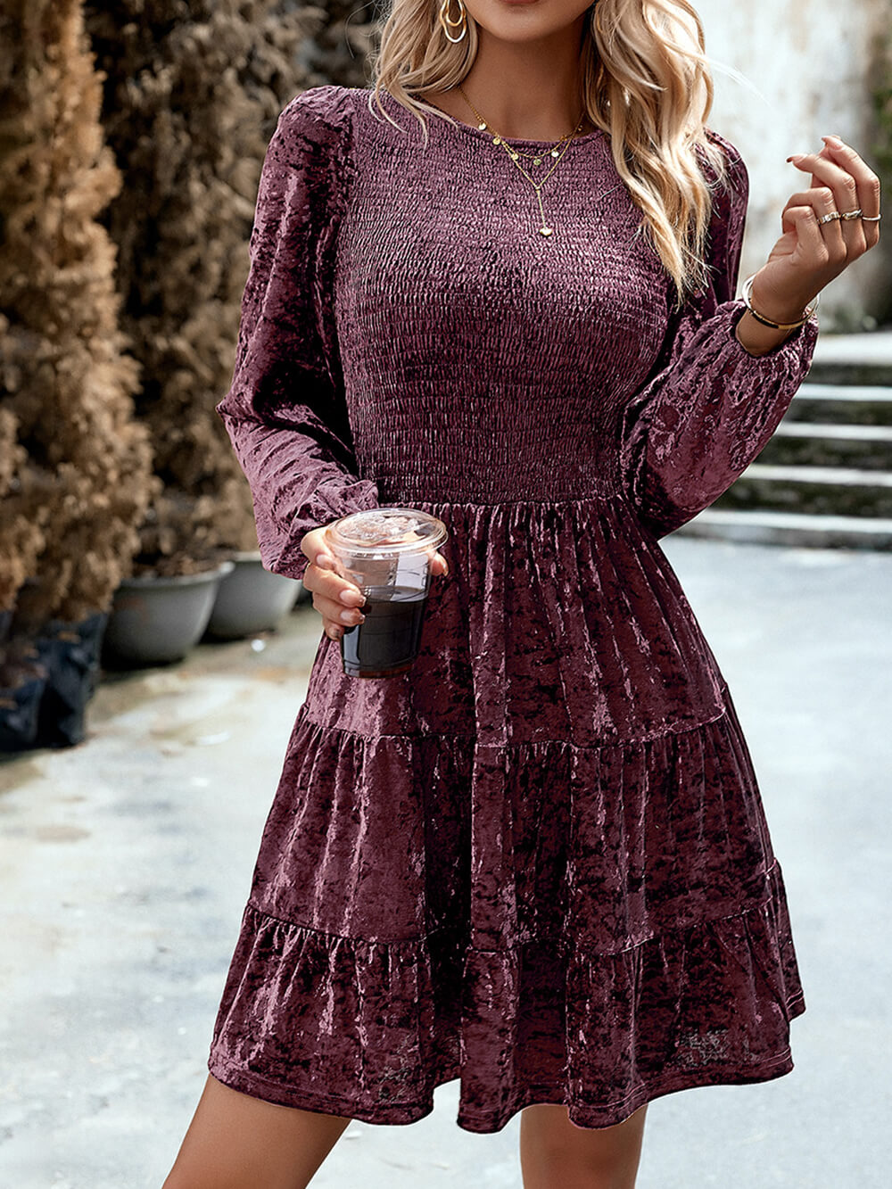 Velvet Smocked Mock Neck Balloon Sleeve Tiered Ruffle Mini Dress