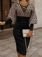 Geometric Print Criss Cross Lace Up Butterfly Sleeve Pencil Midi Dress