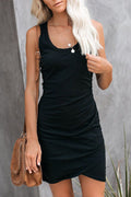 Scoop Neck Ruched Side Tulip Hem Tank Bodycon Mini Dress