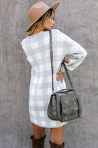 Crew Neck Long Sleeve Checkerboard Rib Knit Sweater Mini Dress