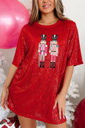 Sequin Nutcracker Graphic Crew Neck Short Sleeve Holiday Mini Dress