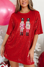 Sequin Nutcracker Graphic Crew Neck Short Sleeve Holiday Mini Dress