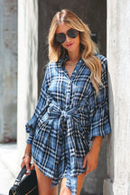 Plaid Long Sleeve Tie Front Button Up Shirtdress Mini Dress