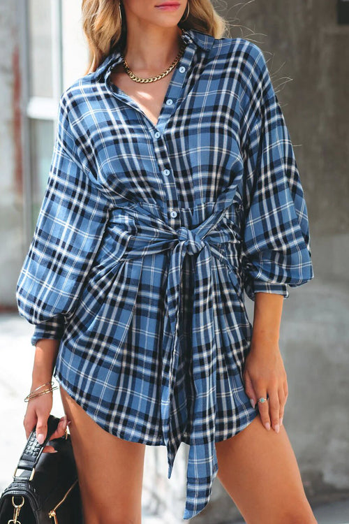 Plaid Long Sleeve Tie Front Button Up Shirtdress Mini Dress