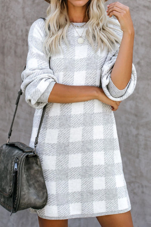 Crew Neck Long Sleeve Checkerboard Rib Knit Sweater Mini Dress