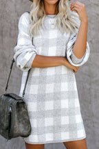Crew Neck Long Sleeve Checkerboard Rib Knit Sweater Mini Dress
