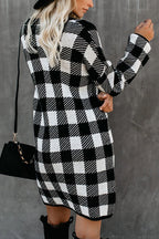 Crew Neck Long Sleeve Checkerboard Rib Knit Sweater Mini Dress