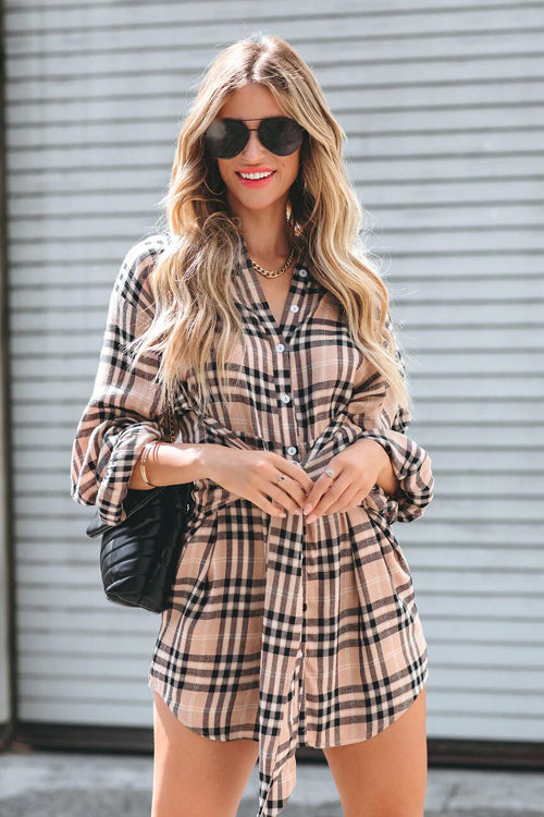 Plaid Long Sleeve Tie Front Button Up Shirtdress Mini Dress