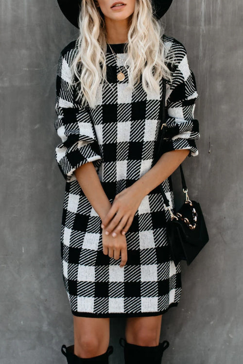 Crew Neck Long Sleeve Checkerboard Rib Knit Sweater Mini Dress
