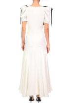 Deep V-Neck Puff Sleeve Velvet Bow Shoulder Maxi Gown