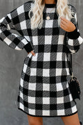 Crew Neck Long Sleeve Checkerboard Rib Knit Sweater Mini Dress