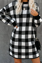 Crew Neck Long Sleeve Checkerboard Rib Knit Sweater Mini Dress