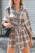 Plaid Long Sleeve Tie Front Button Up Shirtdress Mini Dress