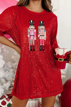 Sequin Nutcracker Graphic Crew Neck Short Sleeve Holiday Mini Dress