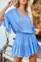 V-Neck Ruffle Collar Tiered Sleeve Blouse and Smocked Tiered Mini Skirt Set
