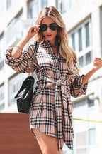 Plaid Long Sleeve Tie Front Button Up Shirtdress Mini Dress