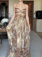 Tube Top Printed Hollow Satin Vacation Maxi Dresses