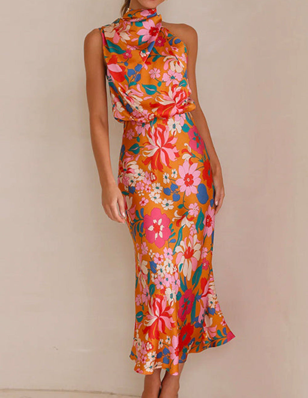 Floral Print Halter Cowl Neck Sleeveless Blouson Maxi Dress