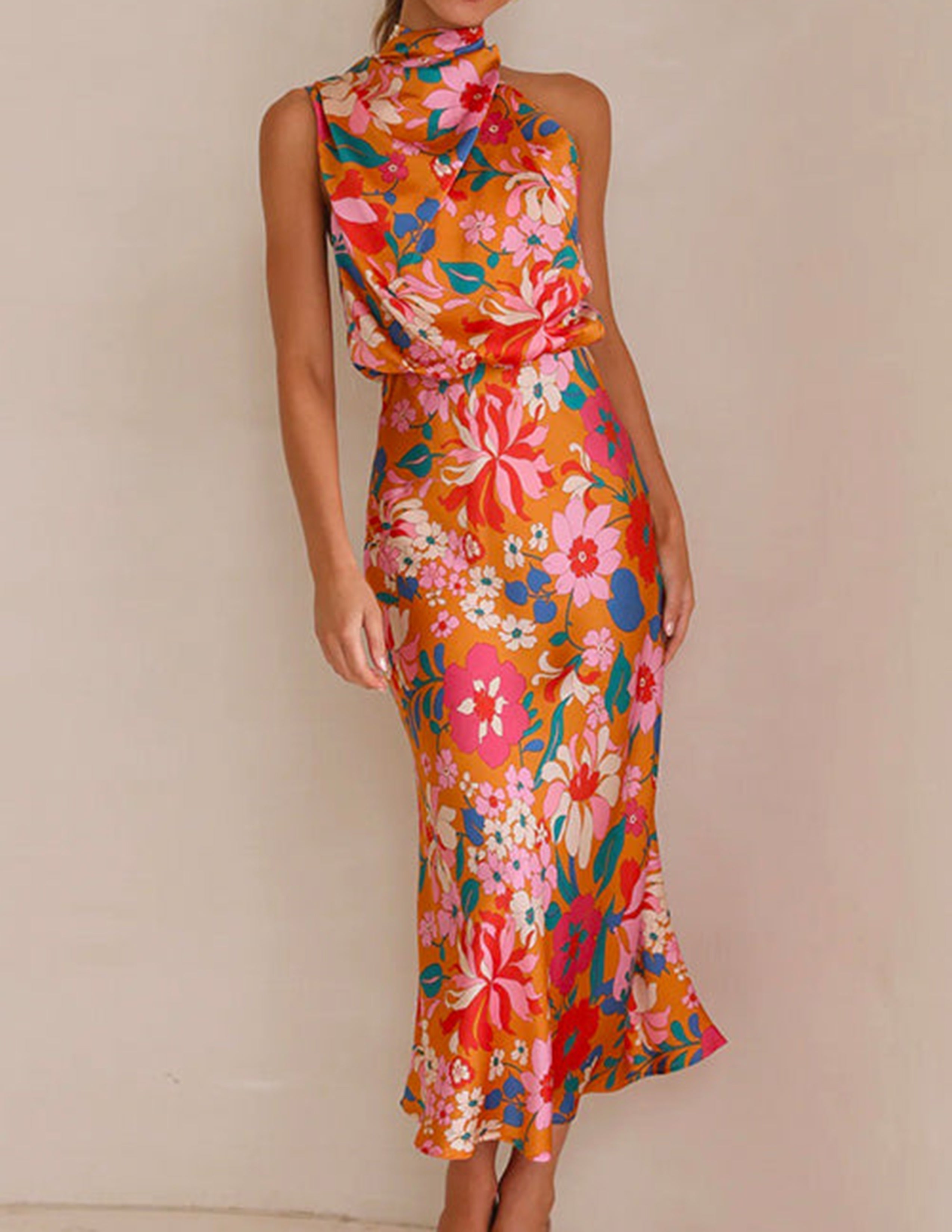 Floral Print Halter Cowl Neck Sleeveless Blouson Maxi Dress