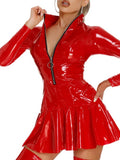 PU Glossy Leather Zipper Long Sleeves Mini&Short Dresses