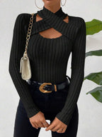 Halter Neck Crossover Long-sleeved Brushed Ribbed Knit T-shirt Top Sweater