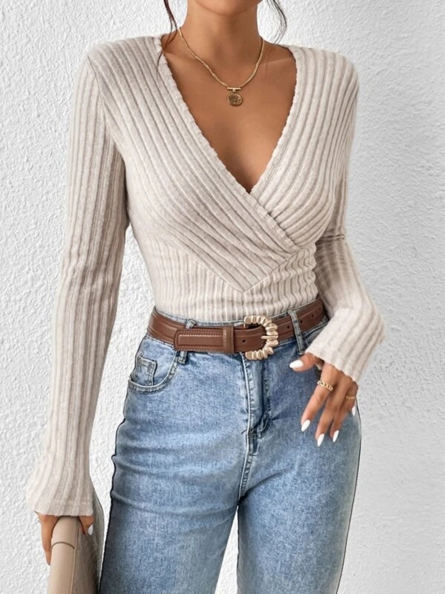 V-neck Crossover Long-sleeved Brushed Ribbed Sweater