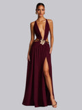 Halter Neck Deep V Lace-up Backless Sexy High Slit Metal Decoration Maxi Dresses