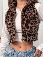 Liber Leopard Print Plush Stand-up Collar Navel Exposed Short Vest