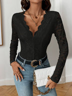 Openwork Lace Long-sleeved V-neck Trim Bodysuits