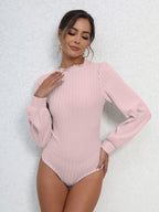 Ruffled Hem Stand Collar Lantern Sleeve Long-sleeved Knitted Brushed Ribbed Bodysuit Top