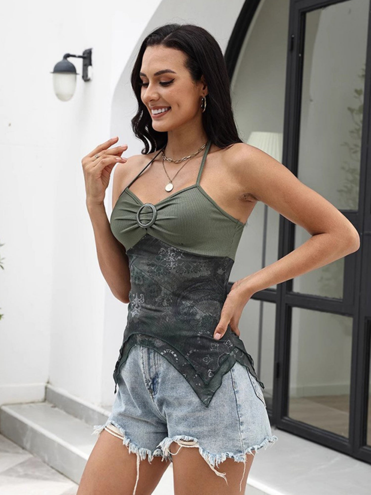 Printed Patchwork Halter V-neck Irregular Tank Top
